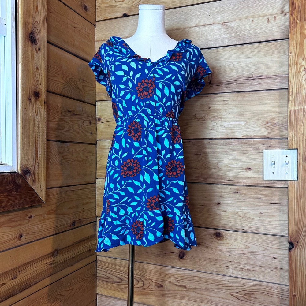 Floral Mini Dress Women Large Blue Orange Ruffle V-Neck Boho Sadie And Sage